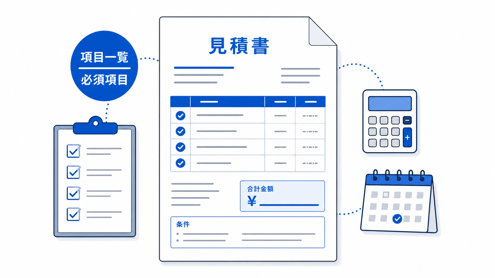 見積書の項目一覧と必須項目をチェックするイメージ