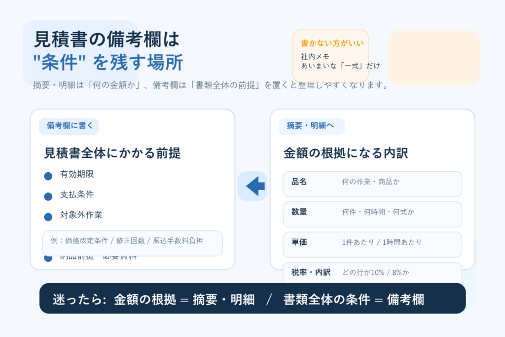 見積書の備考欄に書くことと摘要・明細に書くことの違いを整理した比較図