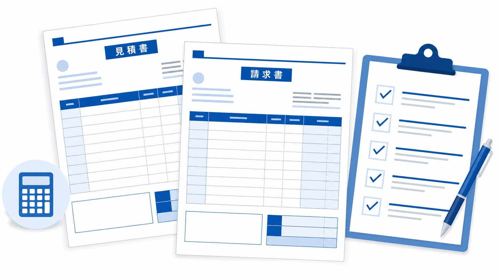 見積書と請求書のテンプレート（Excel）を表すイラスト（チェックリスト付き）