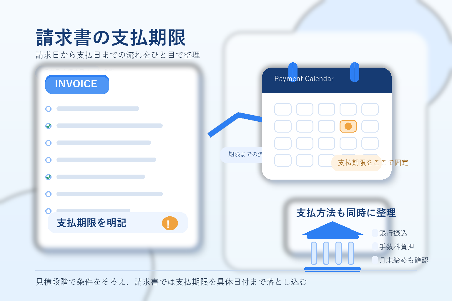 請求書の支払期限を、請求日から支払日までの流れとカレンダーで示したイラスト