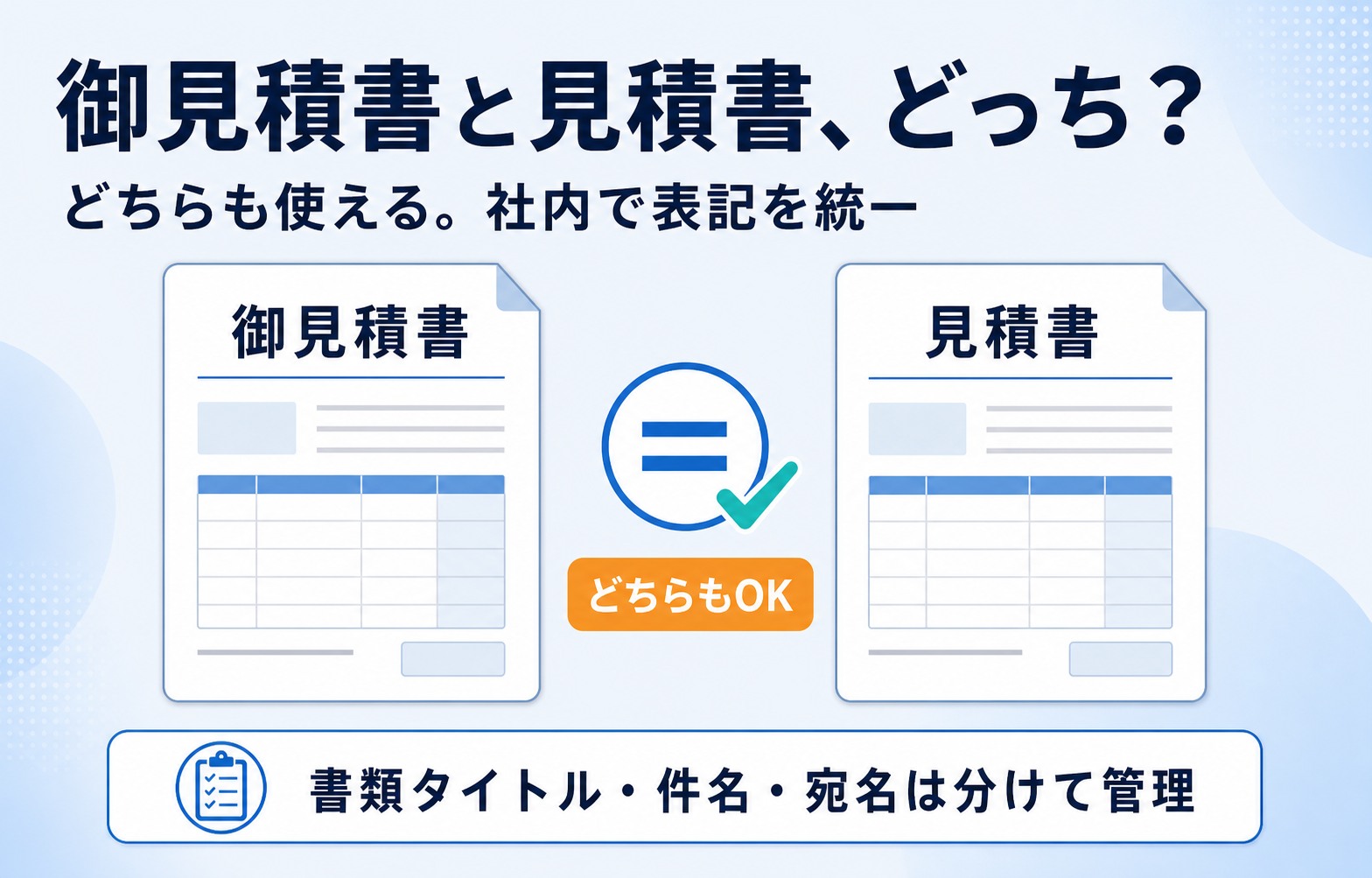 御見積書と見積書はどちらも使え、社内で表記を統一する考え方を示した比較図