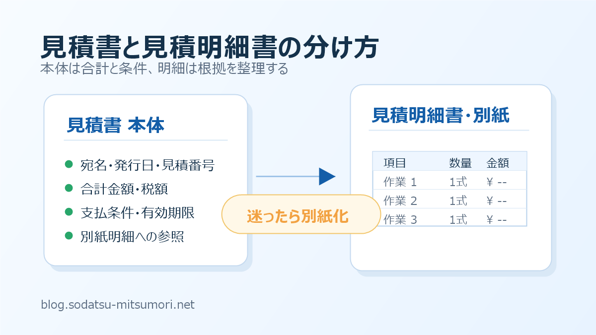 見積書本体と見積明細書・別紙を分け、合計と条件、本体明細の関係を示した図解