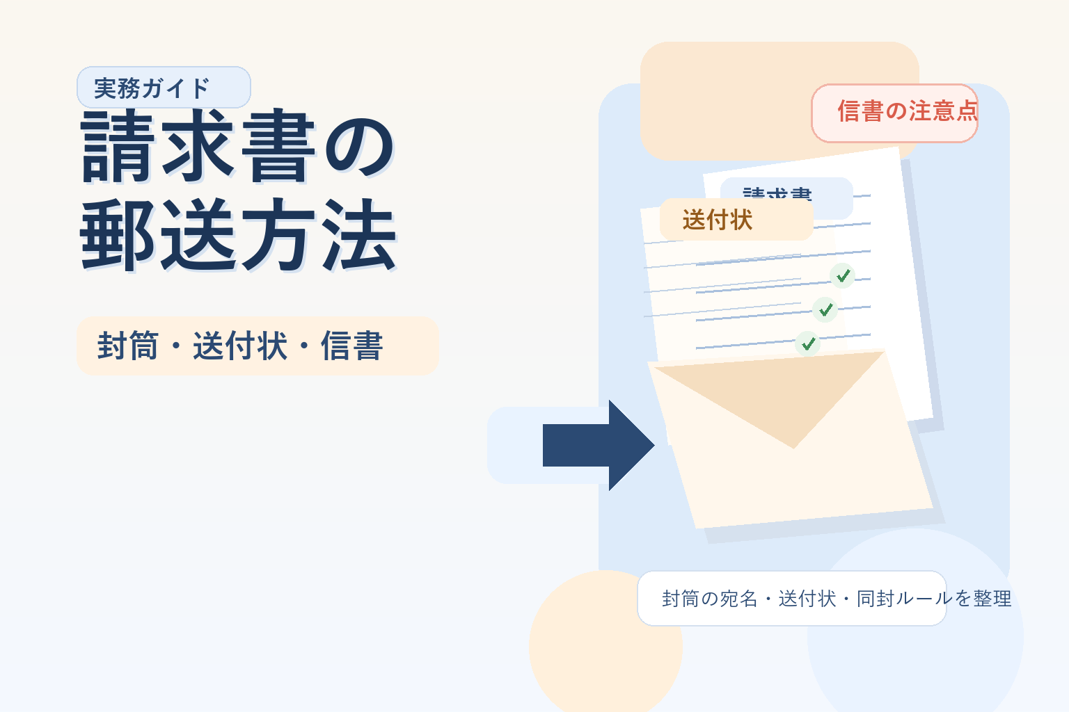 請求書の郵送方法として、封筒・送付状・信書の注意点を整理する図解アイキャッチ。
